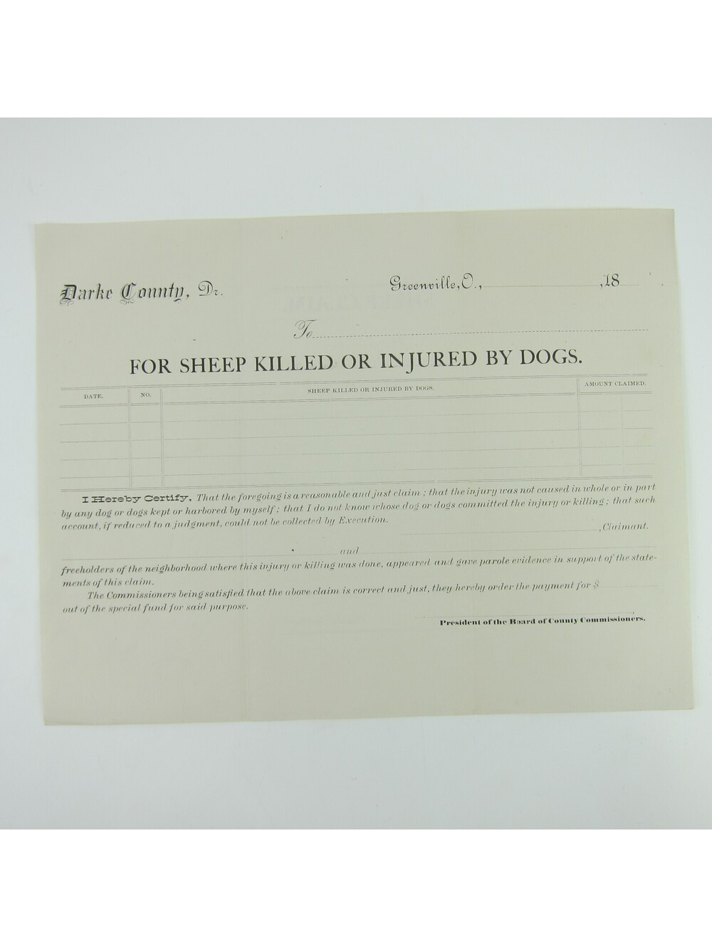 Antique 1800s Darke County Greenville Ohio Police Record Form Blank Sheep Claim